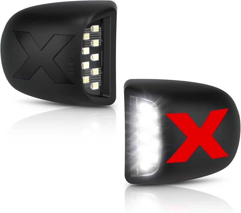 Best View X-Style LED License Plate Light Tag Lights Assembly Compatible with Chevy Silverado Suburban Tahoe GMC Sierra 1500 2500 3500 HD Escalade EXT, White & Red LED Light [PATENT PENDING] - Image 1